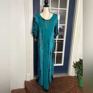 Cal Style Boho Teal and Black Tie-Dye Maxi Dress Size XLARGE